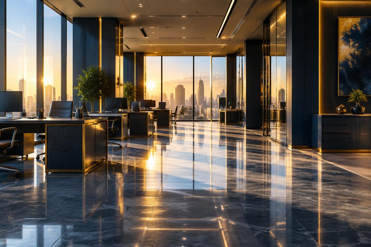 Freshly cleaned modern office with polished floors